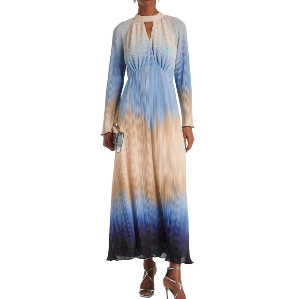 NWT SIMKHAI sky ombre blue beige CALINA pleated plisse long sleeve maxi dress 4